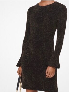 Michael Kors Black Metallic Sparkle Long-Sleeve Ribbed Knit Dress